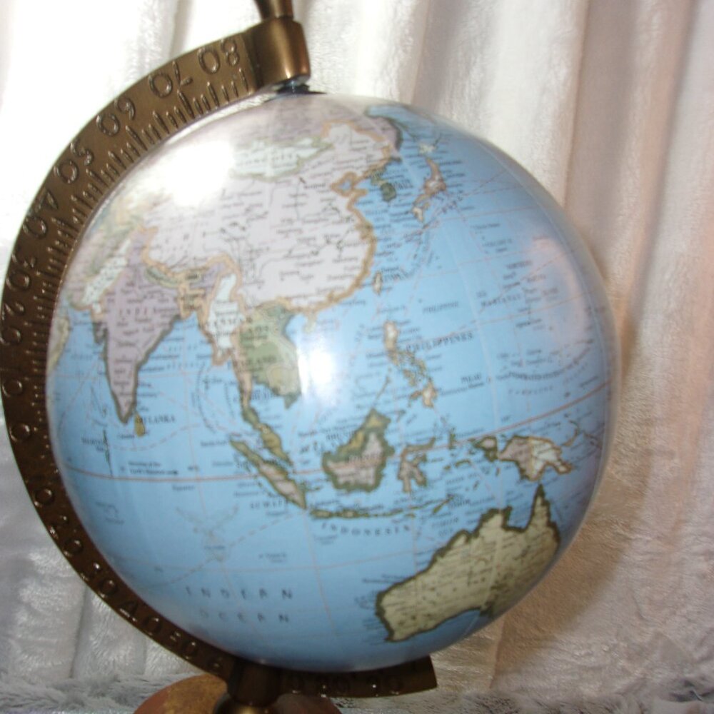 H-344 WOOD BASE WORLD GLOBE IN BLUE 16.5IN. TALL - Picture 7 of 10